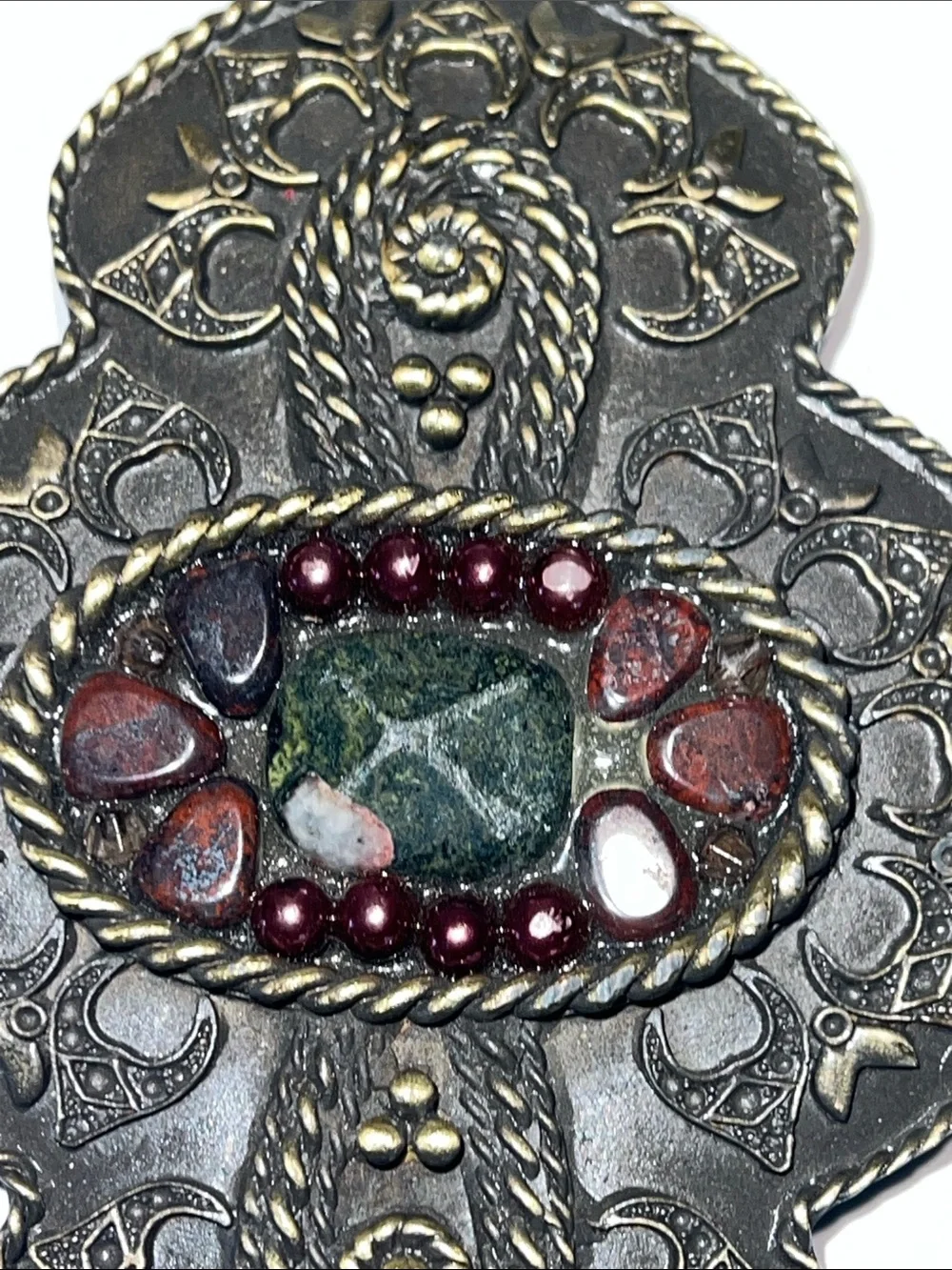 Ornate Metal Belt Buckle with Green Center and Burgundy Accents Stones